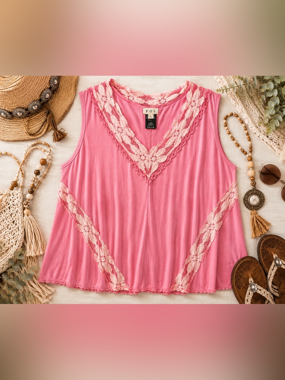 POL Olivia Pink Lace-Trim Boho Tunic Top • Size L